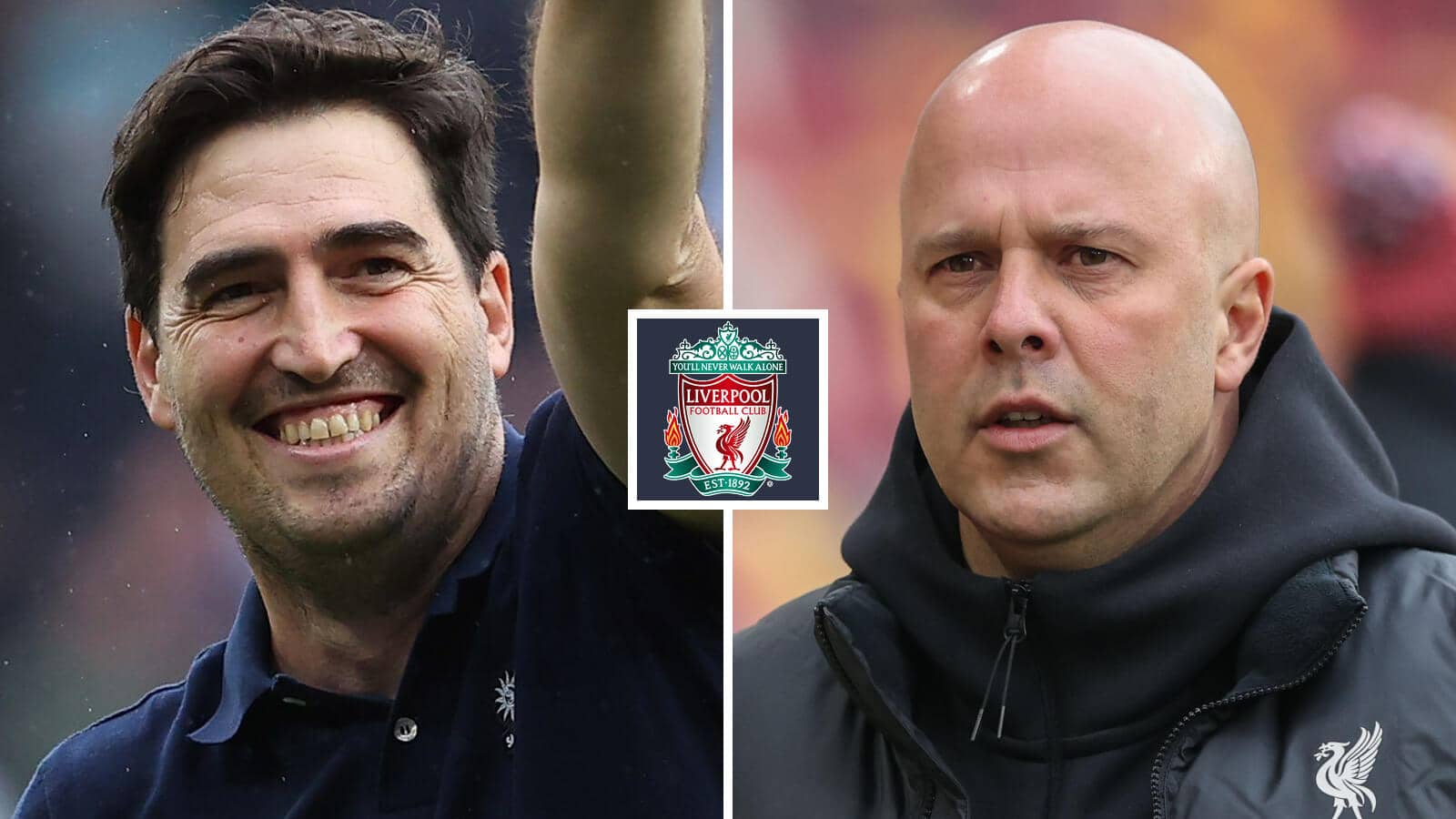 Bournemouth boss Andoni Iraola could replace Arne Slot as Liverpool manager. Here the two men are seen next to the Liverpool FC badge