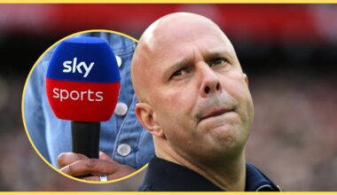 Liverpool head coach Arne Slot purses his lips next to Sky Sports microphone.