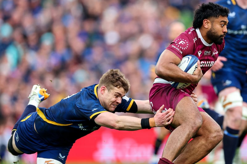 Leinster's Garry Ringrose tackles Rekeiti Ma'asi-White of Sale Sharks in the Champions Cup quarter final last month. Photograph: Dan Clohessy/INPHO
