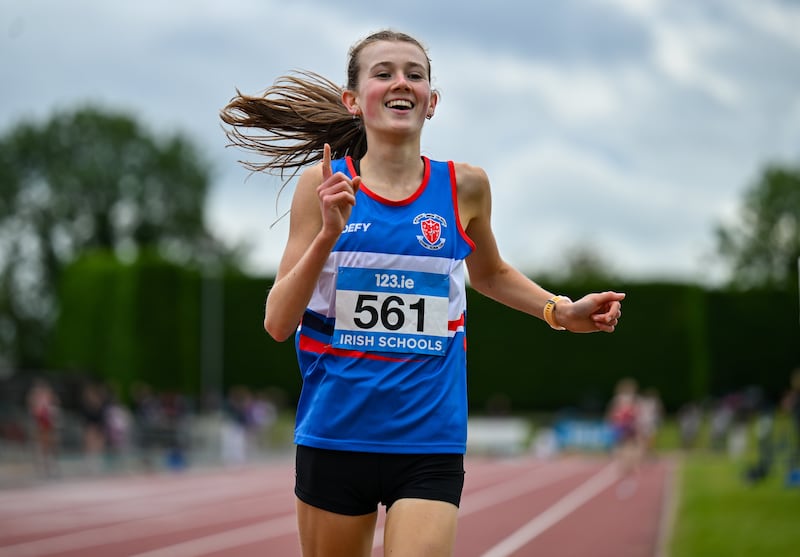 Cliodhna Reilly of St Vincent's Dundalk celebrates after winning the Under-16 girls' mile at the 123.ie All-Ireland Schools Track and Field Championships at Tullamore Harriers Athletics Club in Offaly. Photograph: Sam Barnes/Sportsfile