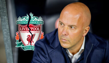 Arne Slot with a cracked Liverpool badge