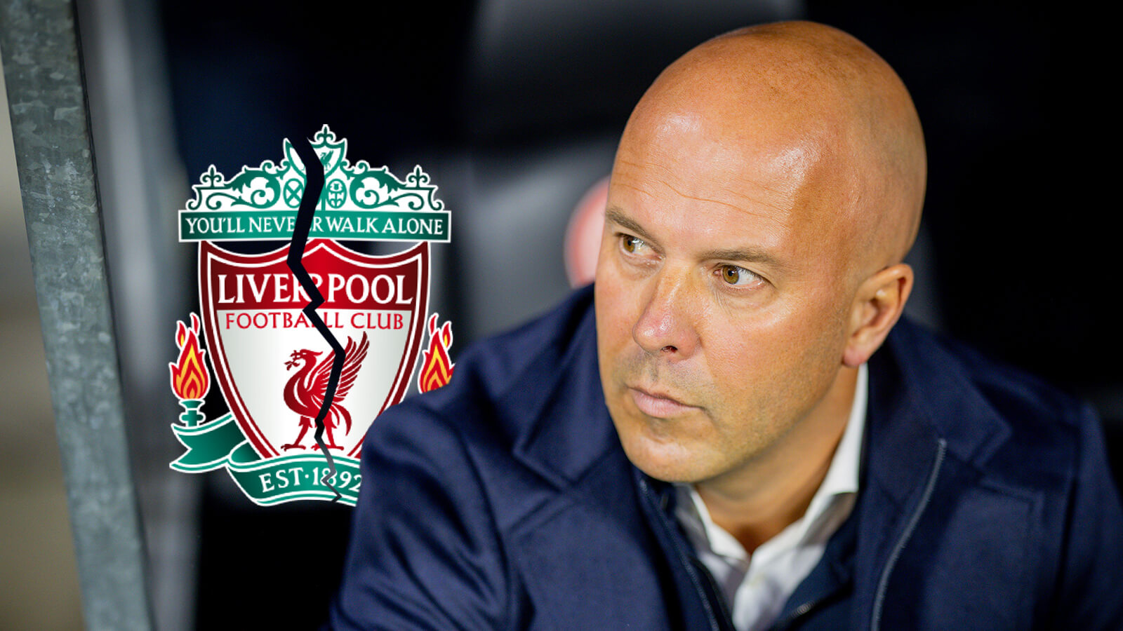 Arne Slot with a cracked Liverpool badge