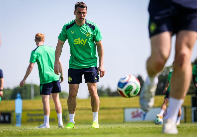 Séamus Coleman during training at the FAI National Training Centre in Dublin ahead of Thursday's friendly against Qatar. Photograph: Ryan Byrne/Inpho