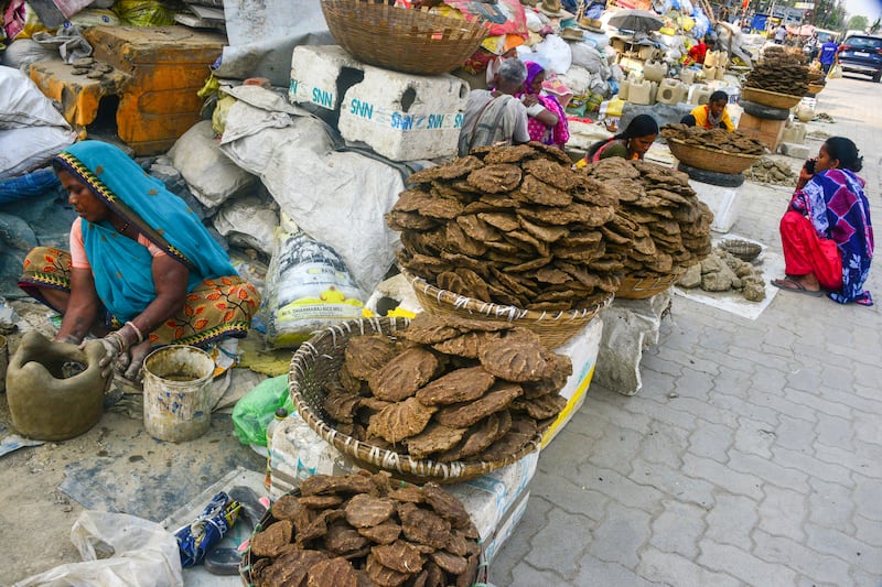 A street vendor in Siliguri, India, selling cow-dung cakes. Photograph: Diptendu Dutta/AFP/Getty Images        