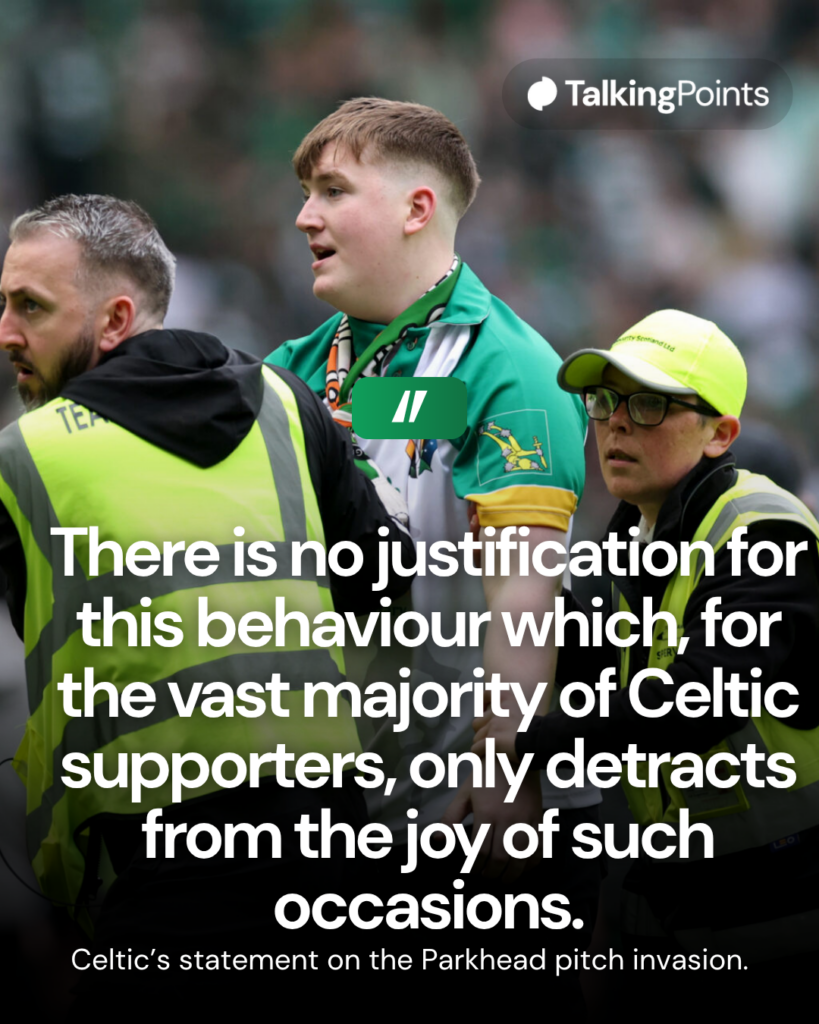 A Celtic fan is apprehended by security staff during the William Hill Premiership match between Celtic and Heart of Midlothian at Celtic Park on May 16, 2026 in Glasgow, Scotland.