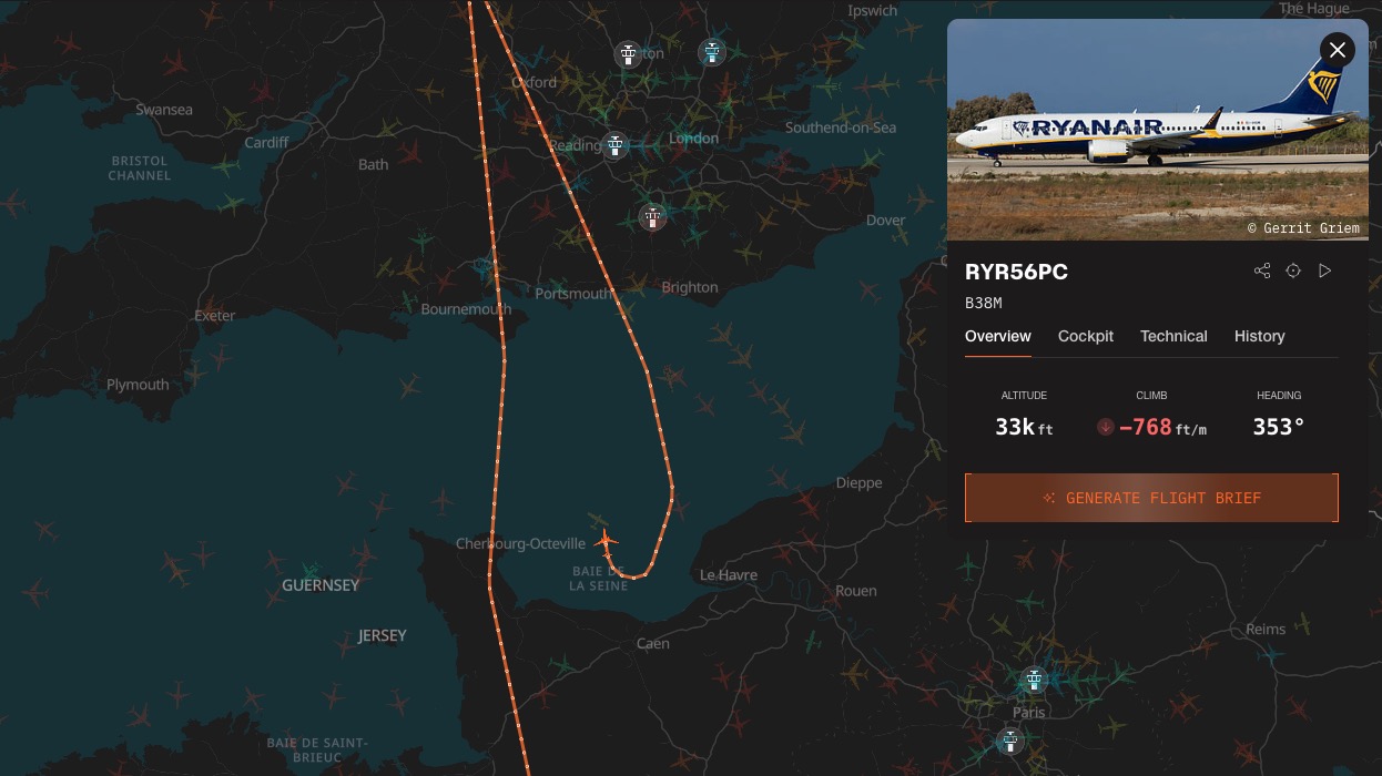 Ryanair flight FR7842 is declaring an emergency and turning around near Normandy