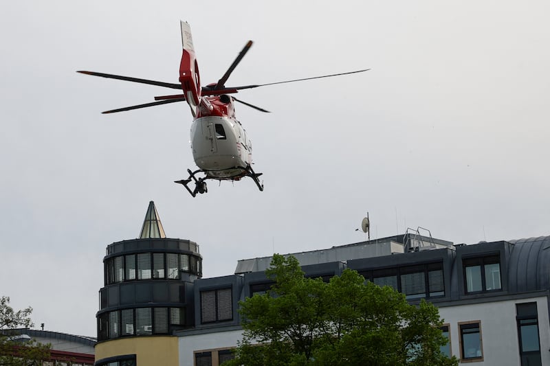 A medical services helicopter arrives at the scene in Leipzig, Germany, where a car ploughed into people on a street leaving at least two dead and several injured. Photograph: Jens Schlueter/AFP via Getty Images