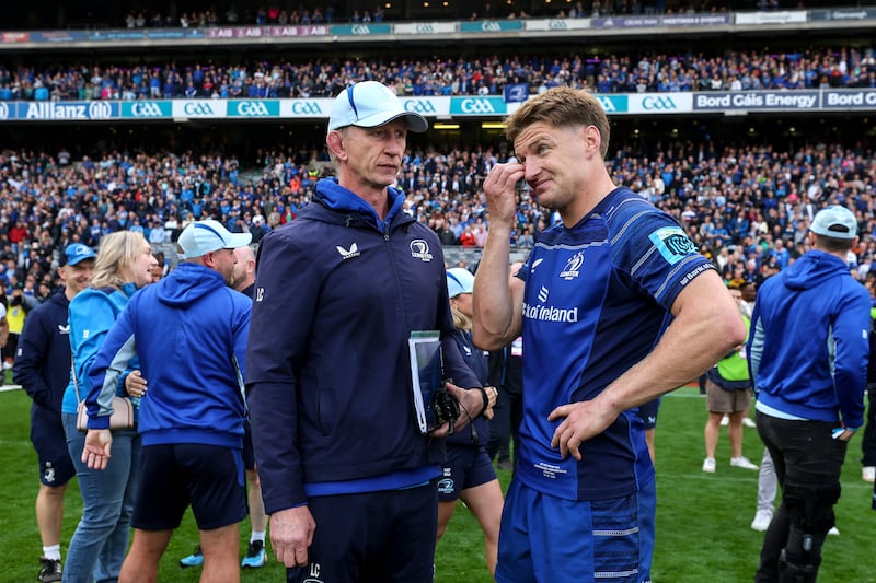 Leo Cullen with Jordie Barrett after the 2025 United Rugby Championship final against the Bulls. Photograph: Ben Brady/©INPHO