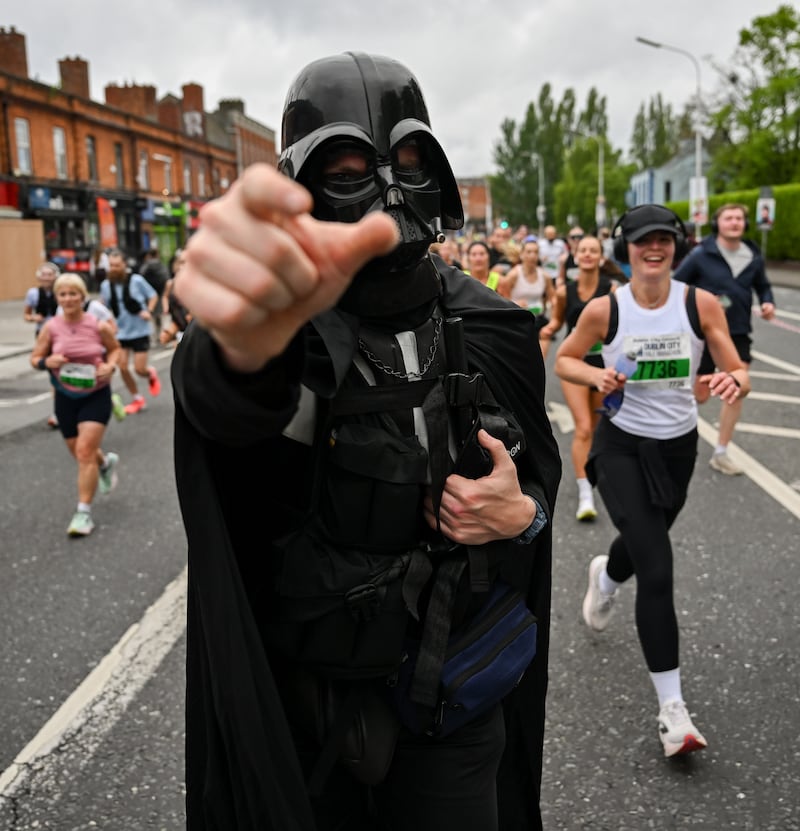 A participant dressed as Darth Vadar pictured at the second edition of the Dublin City Council Dublin City Half Marathon on Sunday Photograph: Sportsfile