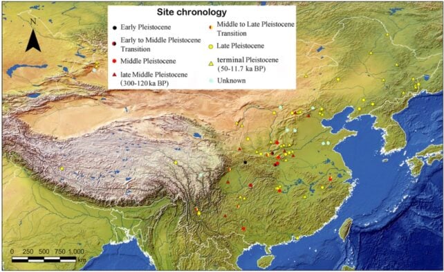 A map showing Paleolithic sites in China