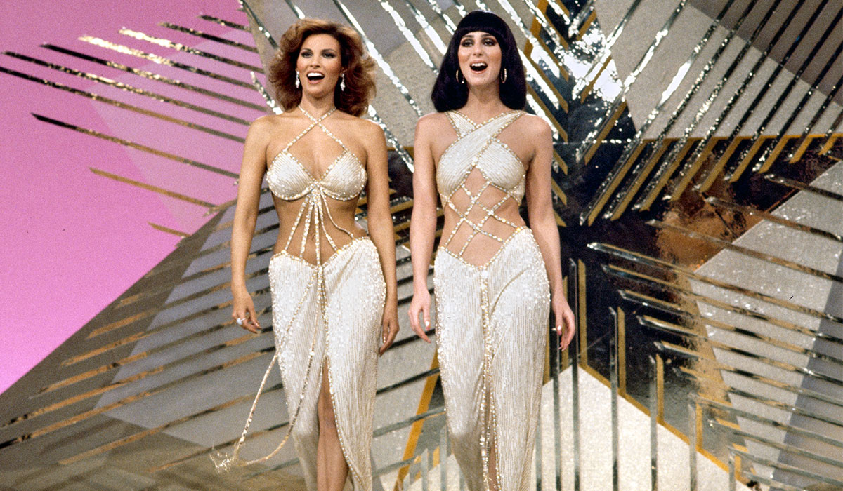 From left is Raquel Welch and Cher performing on Cher's solo music and variety show. Series (19751976). This episode aired February 16, 1975. Pic: Getty Images
