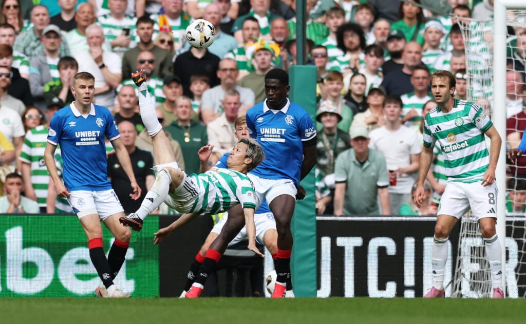Daizen Maeda of Celtic scores his team's third goal via bicycle kick during the William Hill Premiership match between Celtic and Rangers