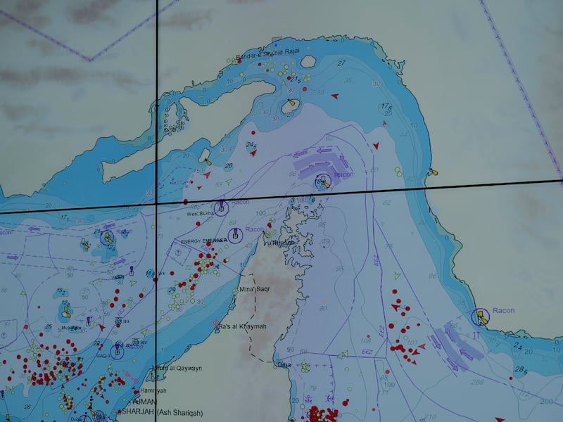 A screen tracks marine traffic in the Strait of Hormuz. Photograph: Maximilian Mann/The New York Times
                      