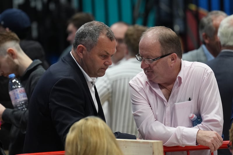 Independent Ireland candidate Noel Thomas (left) with Independent Ireland TD Michael Collins, at the count centre in Galway Lawn Tennis Club, Salthill. Photograph: Niall Carson/PA Wire