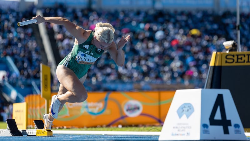 Ireland's Molly Scott in action during the women's 4x100m heats. Photograph: Inpho