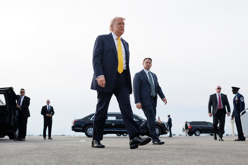 President Donald Trump arrives to speak to reporters at Palm Beach International Airport in West Palm Beach, on Saturday, May 2nd, 2026. Photograph: Tom Brenner/The New York Times
                      