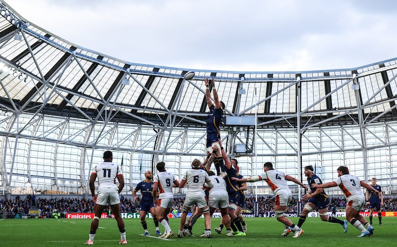 Leinster's Joe McCarthy wins a lineout during the province's Champions Cup quarter-final win against Edinburgh at the Aviva Stadium. Photograph: Ben Brady/Inpho