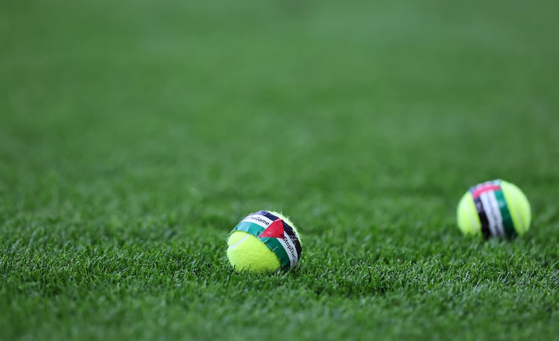A view of a tennis ball featuring the Palestinian flag that was thrown on to the pitch. Photograph: Ryan Byrne/Inpho
