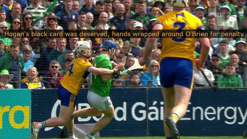 Clare's Adam Hogan was shown the black card for this tackle on Limerick's Shane O'Brien.