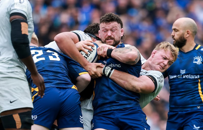 Leinster's Andrew Porter is tackled by Toulon's David Ribbans during the Champions cup semi-final at the Aviva Stadium. Photograph: Nick Elliott/Inpho