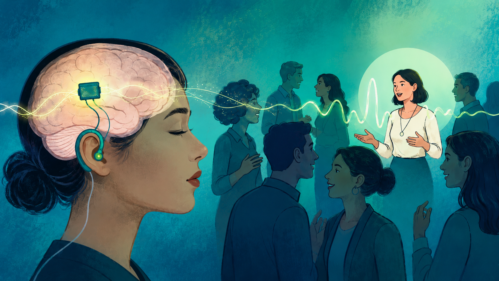 Study: Real-time brain-controlled selective hearing enhances speech perception in multi-talker environments. Image Credit: OpenAI. Neural Harmony in a Vibrant Crowd. 2026. AI-generated illustration.