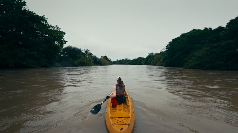 Ciaran Mageean kayaking in Cosat Rica, where one month’s rainfall fell in two days while filming Uncharted.