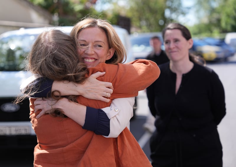 Galway West byelection candidate Mide Nic Fhionnlaoich greeting Social Democrats leader Holly Cairns at the count centre in Galway. Photograph: Niall Carson/PA Wire