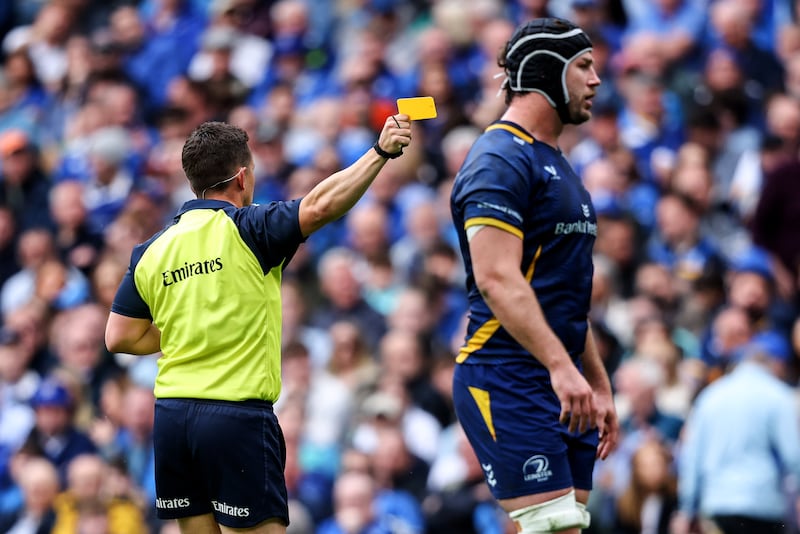Referee Luke Pearce shows a yellow card to Andrew Porter of Leinster (not pictured). Photograph: Ben Brady/Inpho
