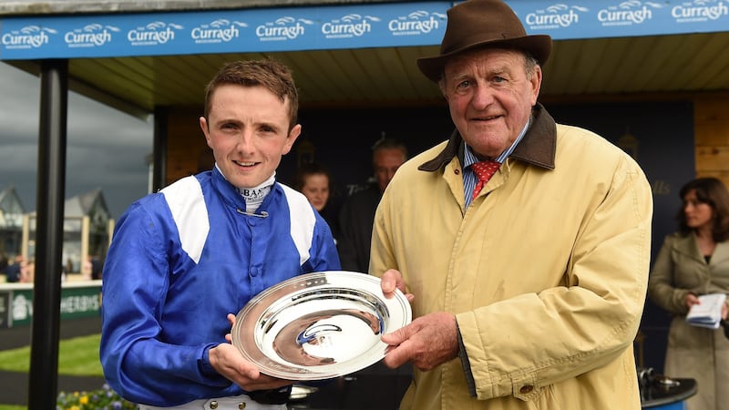 Kevin Prendergast (right) with winning jockey Chris Hayes after the Tattersalls Irish 2,000 Guineas win in 2016. Photograph:  Paul Mohan/Sportsfile/Getty Images