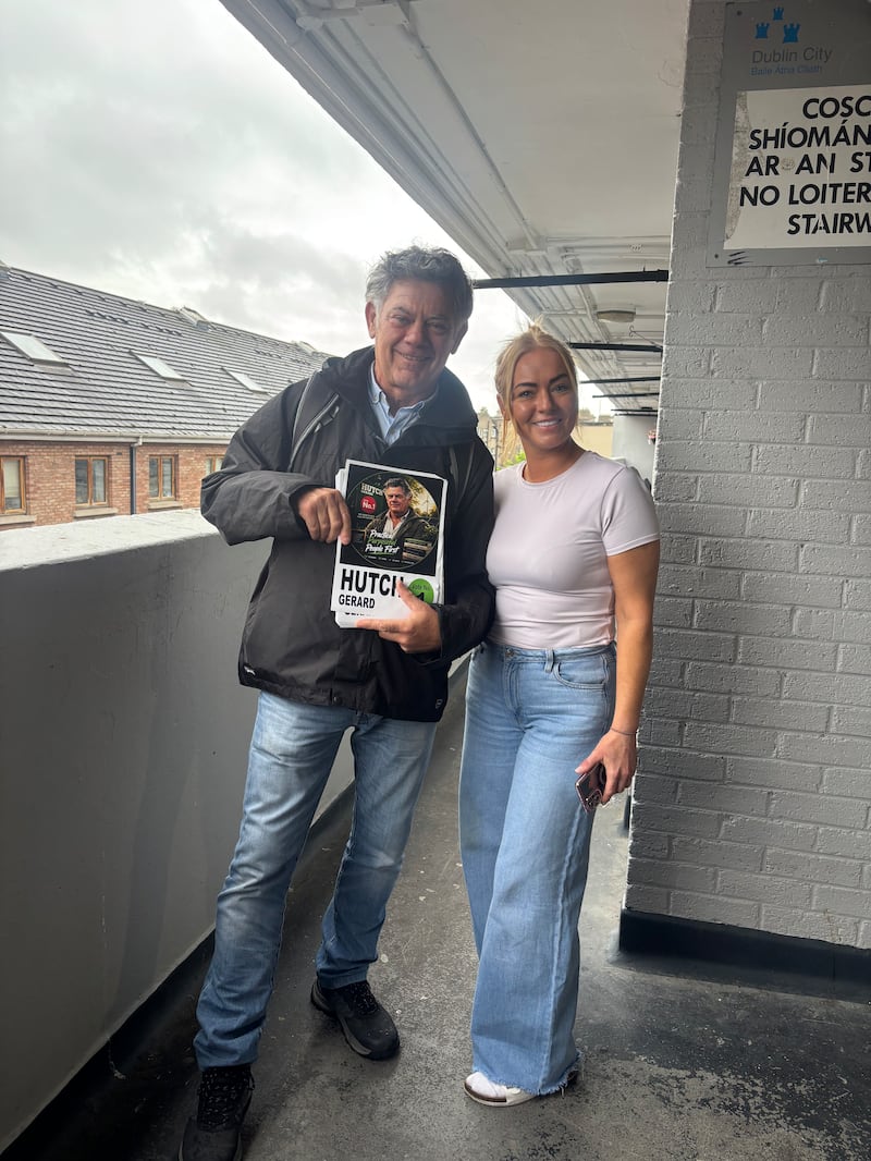 Gerry Hutch with Lisa Doyle at Belvedere Court while on a canvass in advance of the Dublin Central byelection. Photograph: Harry McGee