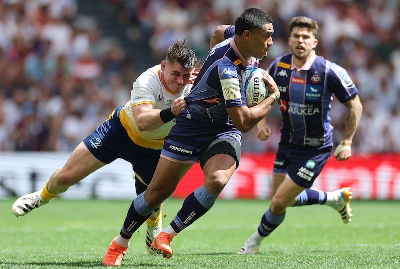 Leinster's Dan Sheehan tackles Union Bordeaux Bègles' Salesi Rayasi during the Champions Cup final at San Mames Stadium, Bilbao. Photograph: James Crombie/Inpho
