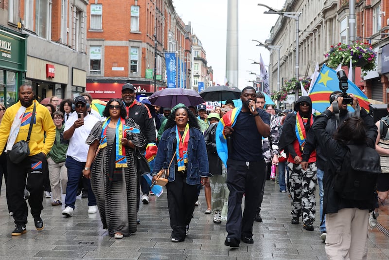 Protesters walk towards Arnotts on Henry Street, Dublin, on Saturday. Photograph: Dara Mac Dónaill