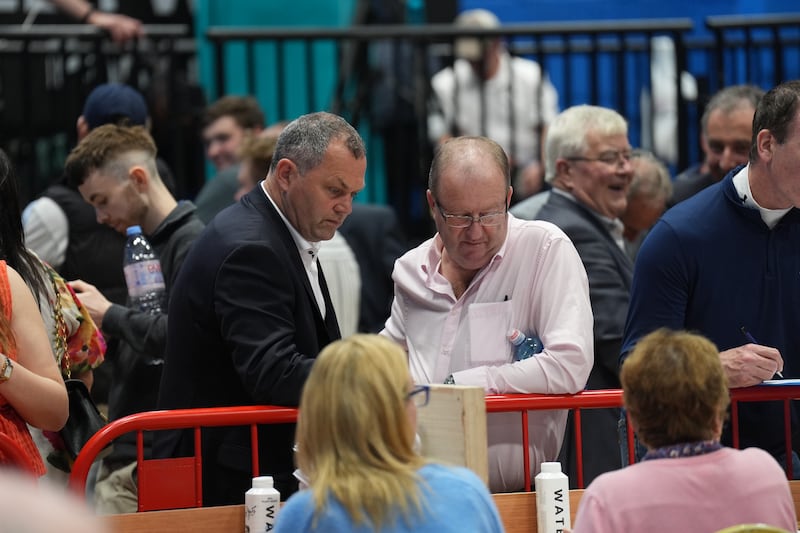 Independent Ireland candidate Noel Thomas (left) with Independent Ireland TD Michael Collins, at the count centre in Galway. Photograph: Niall Carson/PA Wire