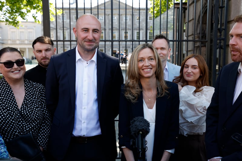 Social Democrats TD Daniel Ennis at Leinster House with party leader Holly Cairns TD and Gary Gannon TD. Photograph: Nick Bradshaw/The Irish Times