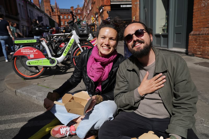 Charline Clain and Sebastian Cruces on Dublin's Drury Street last Saturday afternoon. Photograph: Bryan O’Brien