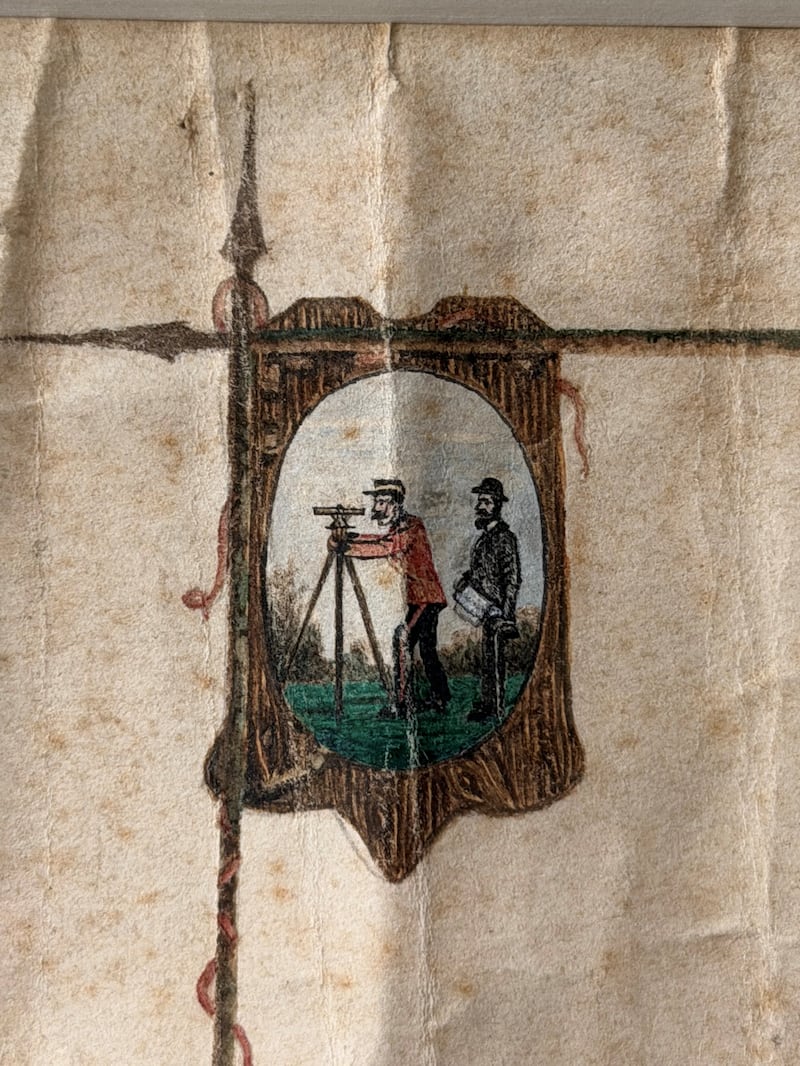 A picture of Maggie O'Farrell's great-great grandfather, Tomás, standing behind a British redcoat and a measuring instrument called a theodolite. Photograph: Maggie O'Farrell