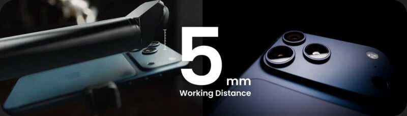 Close-up of a smartphone with a camera lens attachment on the left and the phone’s camera lenses on the right, with "5 mm Working Distance" displayed prominently in the center.