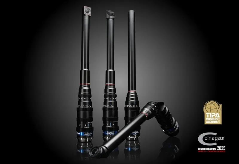 Four black Laowa probe camera lenses, three standing upright and one laying horizontally, displayed on a black background. TIPA World Awards and Cine Gear Expo Technical Award logos are visible in the lower right corner.