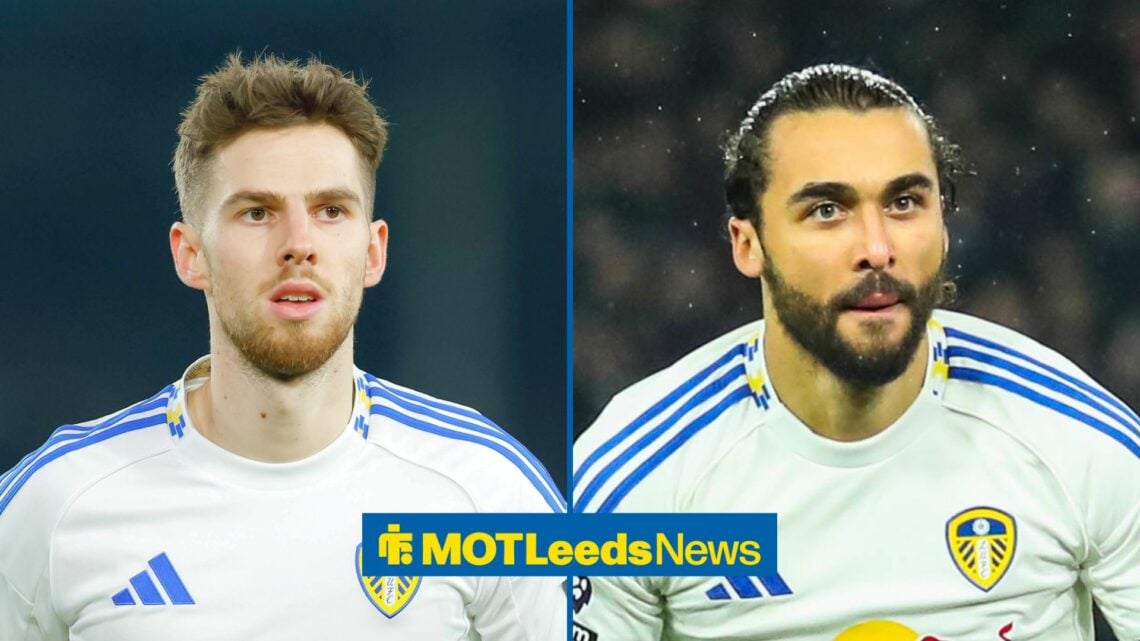 Split image of Leeds United midfielder Anton Stach Dominic Calvert-Lewin