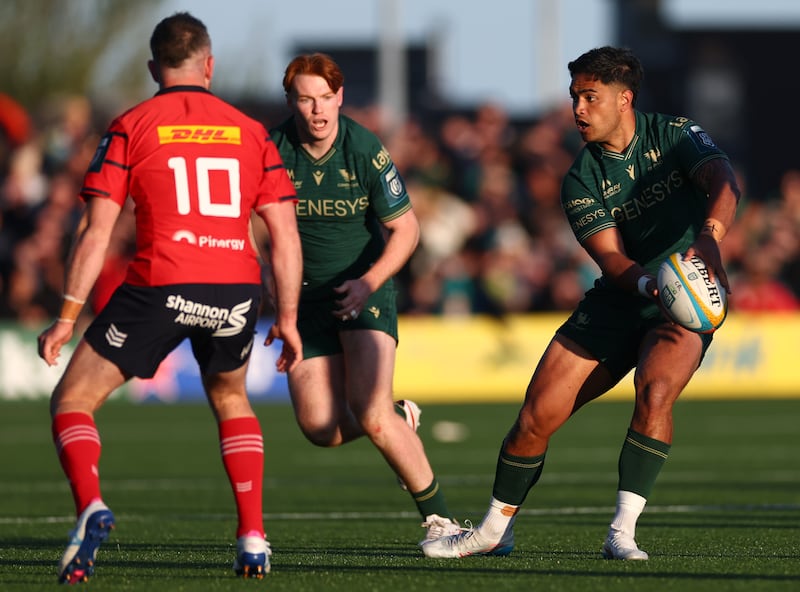 Connacht's Shane Jennings and Josh Ioane in action against Munster in the  BKT United Rugby Championship, Dexcom Stadium, Galway, Saturday, May 9th. Photograph: James Crombie/Inpho