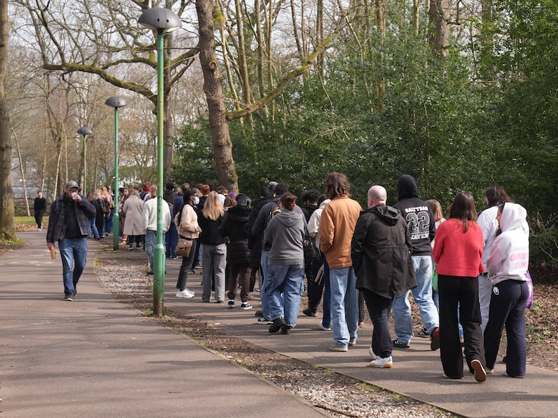 Students queuing to receive vaccines and antibiotics at the University of Kent campus in Canterbury in March
