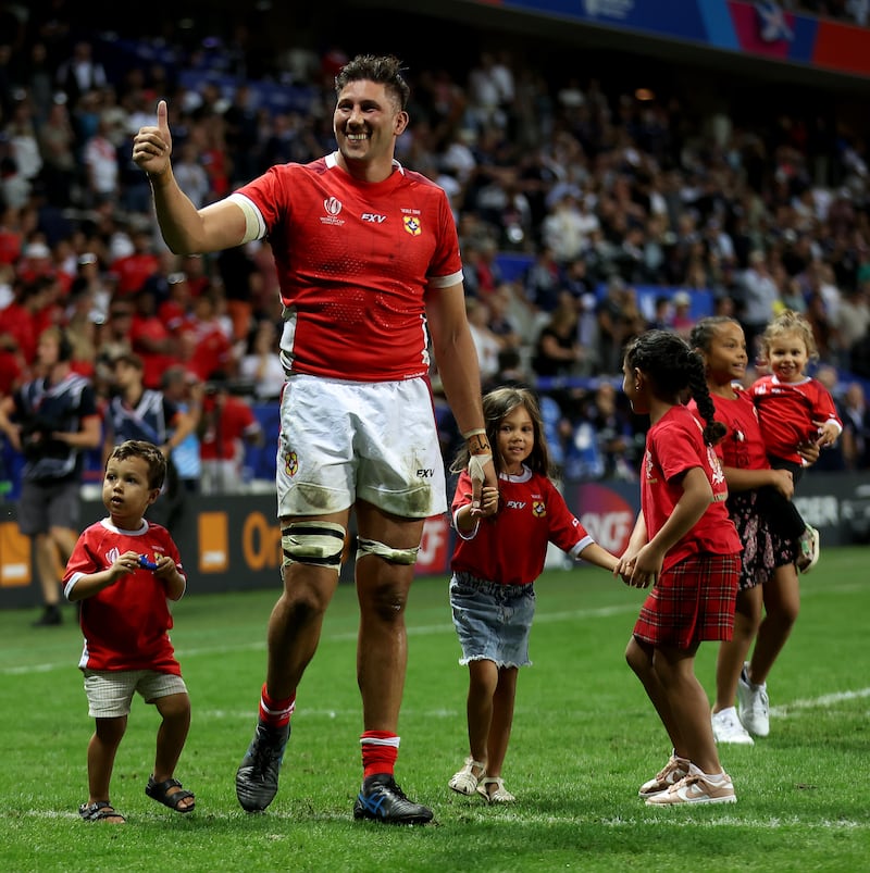 Adam Coleman of Tonga gestures after the Rugby World Cup 2023 match against Scotland at Stade de Nice. Photograph: Cameron Spencer/Getty Images