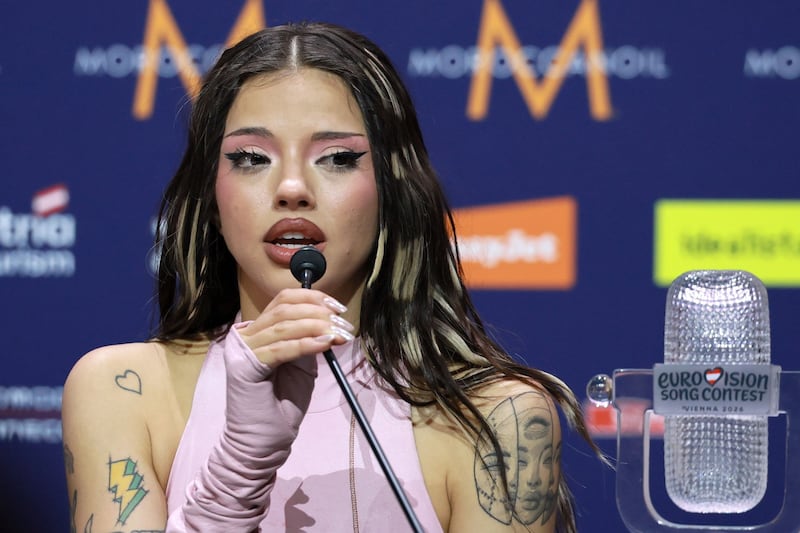 Dara of Bulgaria attends a press conference after winning the 70th Eurovision Song Contest. Photograph: Hannibal Hanschke/EPA