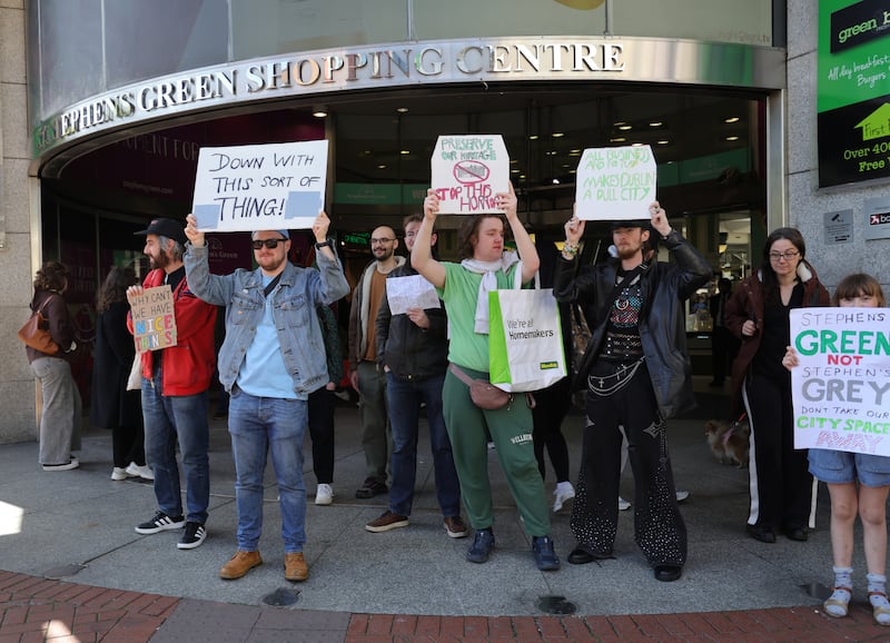 Protestors outside the shopping centre on Saturday. Photograph: Bryan O’Brien
