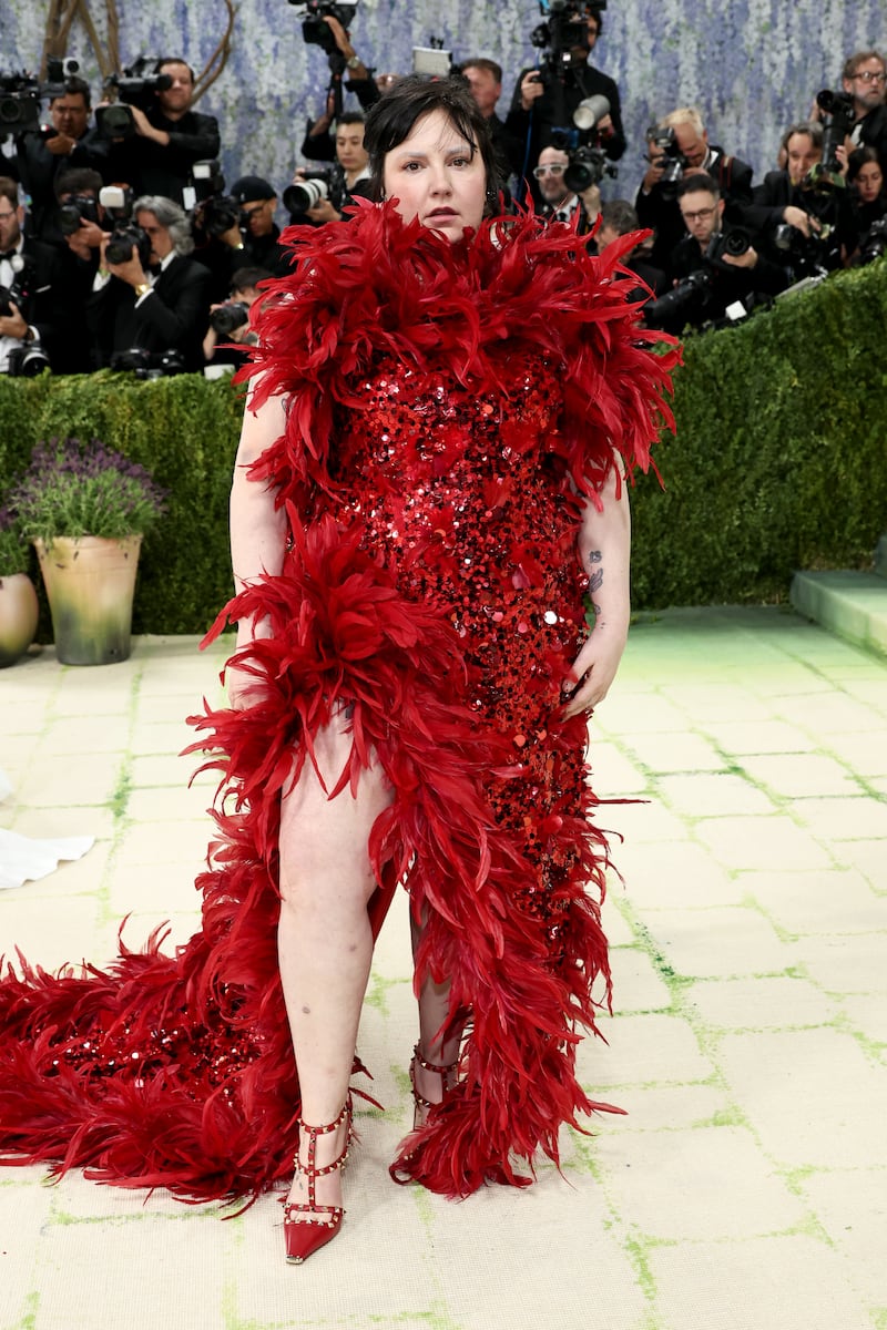 Lena Dunham in feathered Valentino. Photograph: Jamie McCarthy/Getty Images