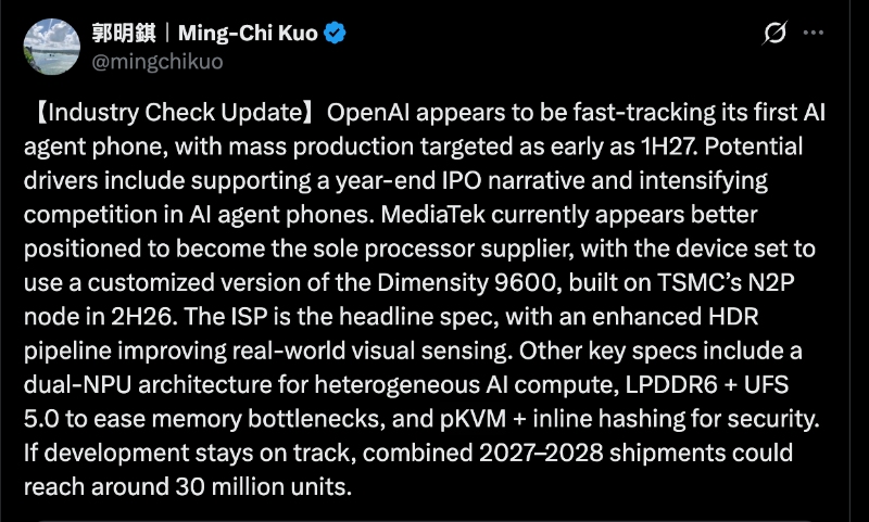 Ming Chi Kuo Open AI smartphone update Ming Chi Kuo Open AI smartphone update