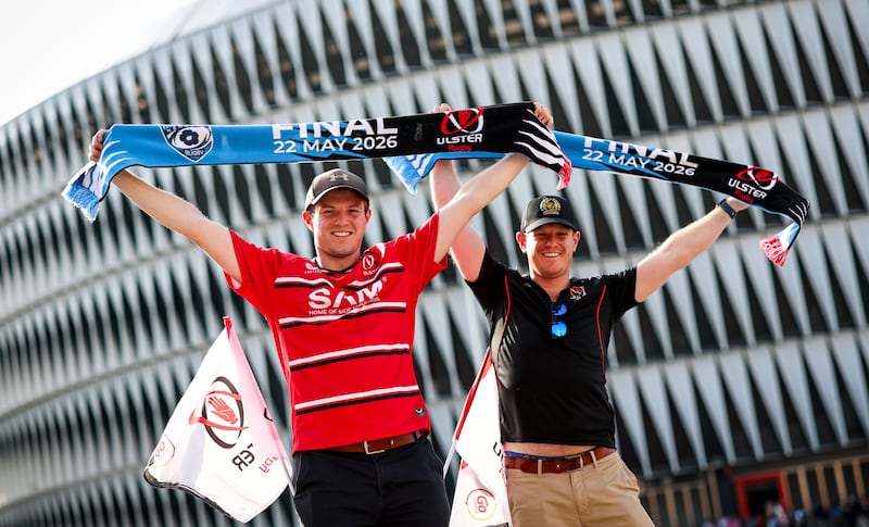 Ulster fans Mark and Scott Magowan from Belfast outside San Mamés Stadium ahead of the game. Photograph: Nick Elliott/Inpho