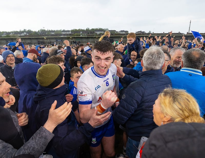 Mícheál McCarville celebrates Monaghan's dramatic semi-final victory over Derry. Photograph: Tom O’Hanlon/Inpho