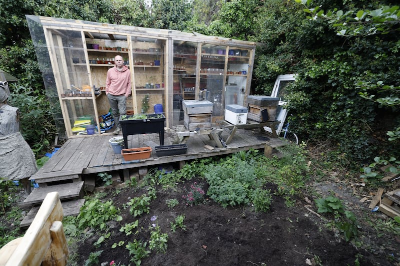 Anthony Freeman-O'Brien in his greenhouse, built with Covid screens and timber. Photograph: Nick Bradshaw