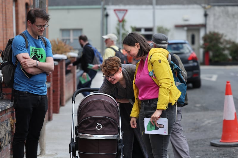 Green Party candidate Janet Horner speaking to Eimear McCann with five-week-old Margaret while canvassing in North Strand, Dublin.
Photograph: Dara Mac Dónaill/The Irish Times